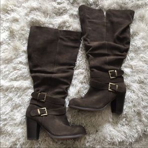 Brown Authentic Suede Strappy Knee High Heel Boots